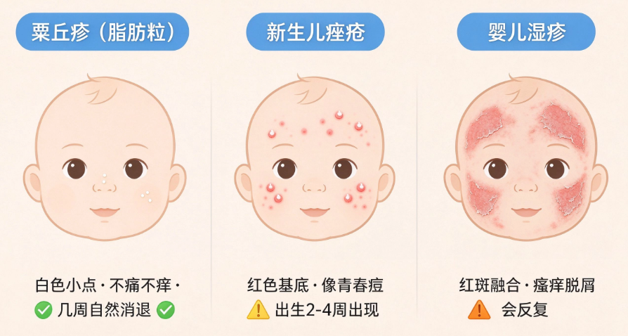 宝宝脸上白头小丘疹:粟丘疹、新生儿痤疮、婴儿湿疹三种情况对比图